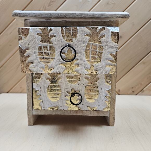 Coastal decorative whitewashed wood jewelry bx Gold Pineapple Design County Boho - Picture 6 of 10